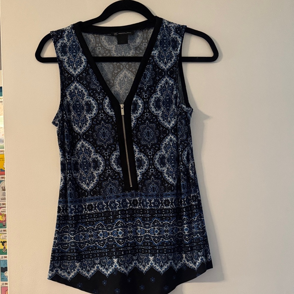 INC International Concepts Black and Blue Patterned Blouse